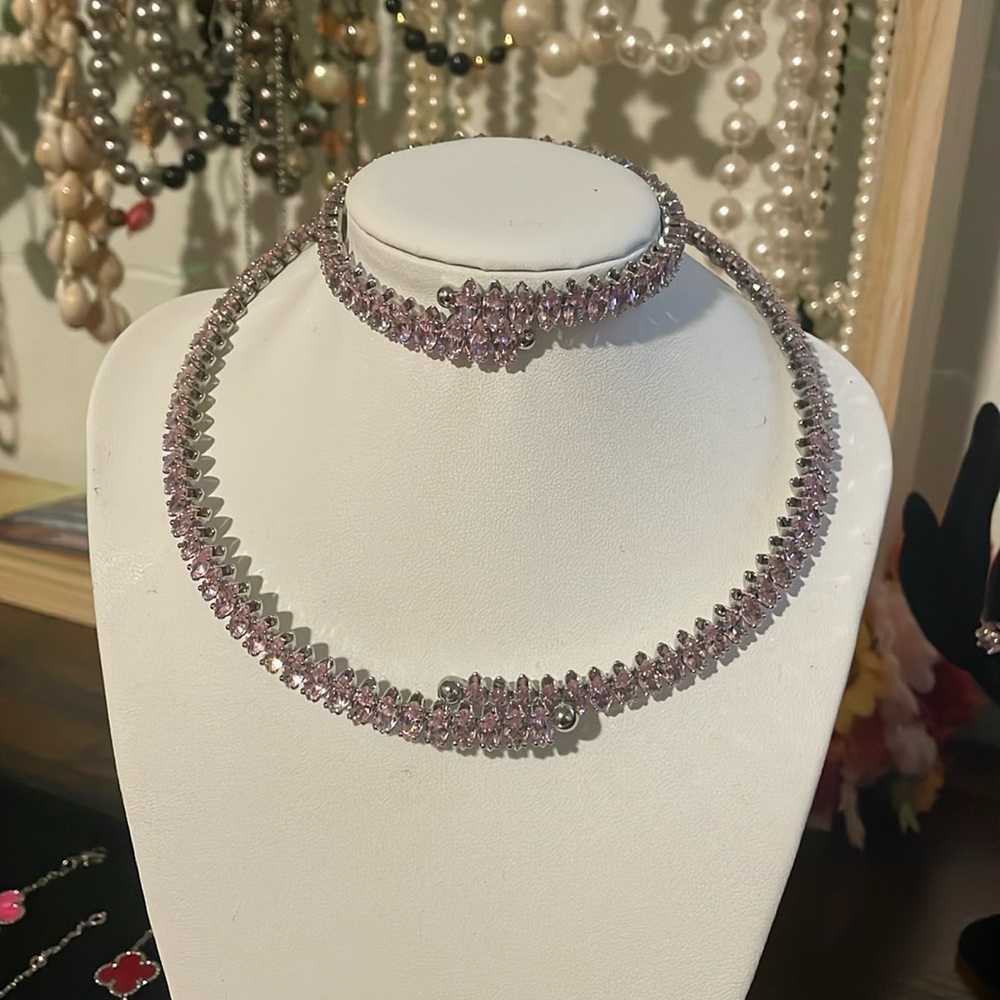 Silver pink crystal choker, and bracelet set